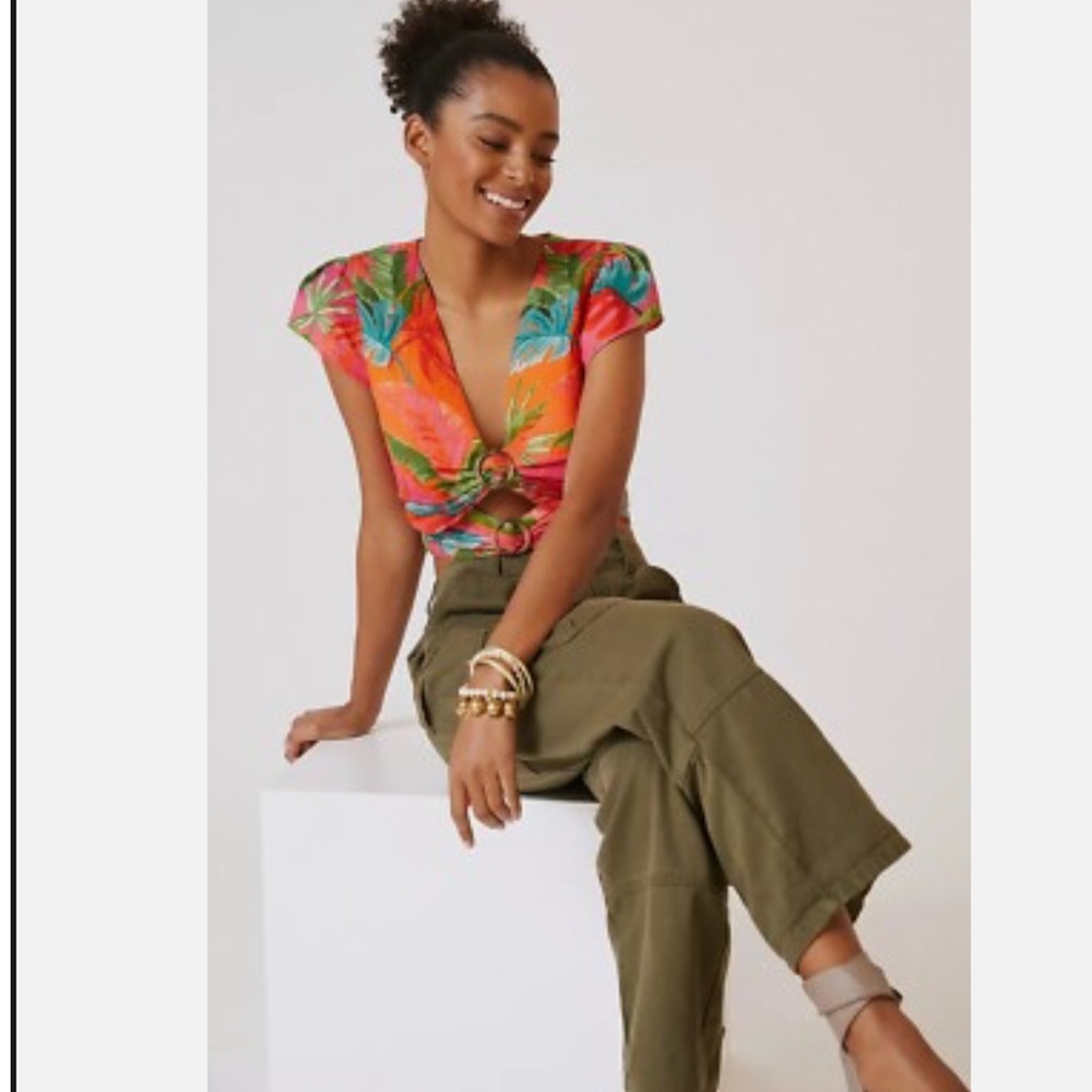 Anthropologie Tropical Floral Knot-Front Crop Top in Coral & Teal